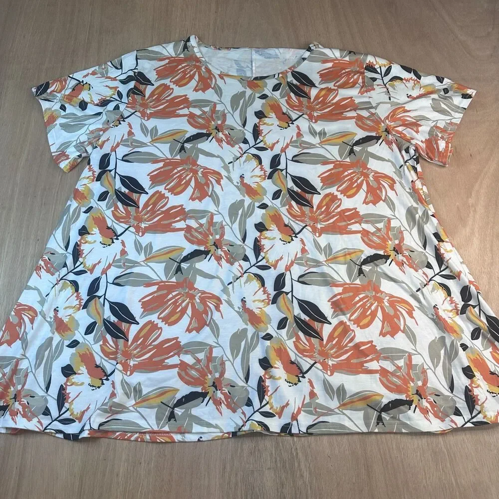 Floral Top Women’s 5XL Orange White Black Short Sleeve Blouse Plus Size - Picture 1 of 4